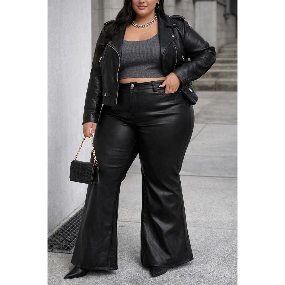 INC International Concepts Faux Leather Vegan Wide Leg Pants Size16 Black
